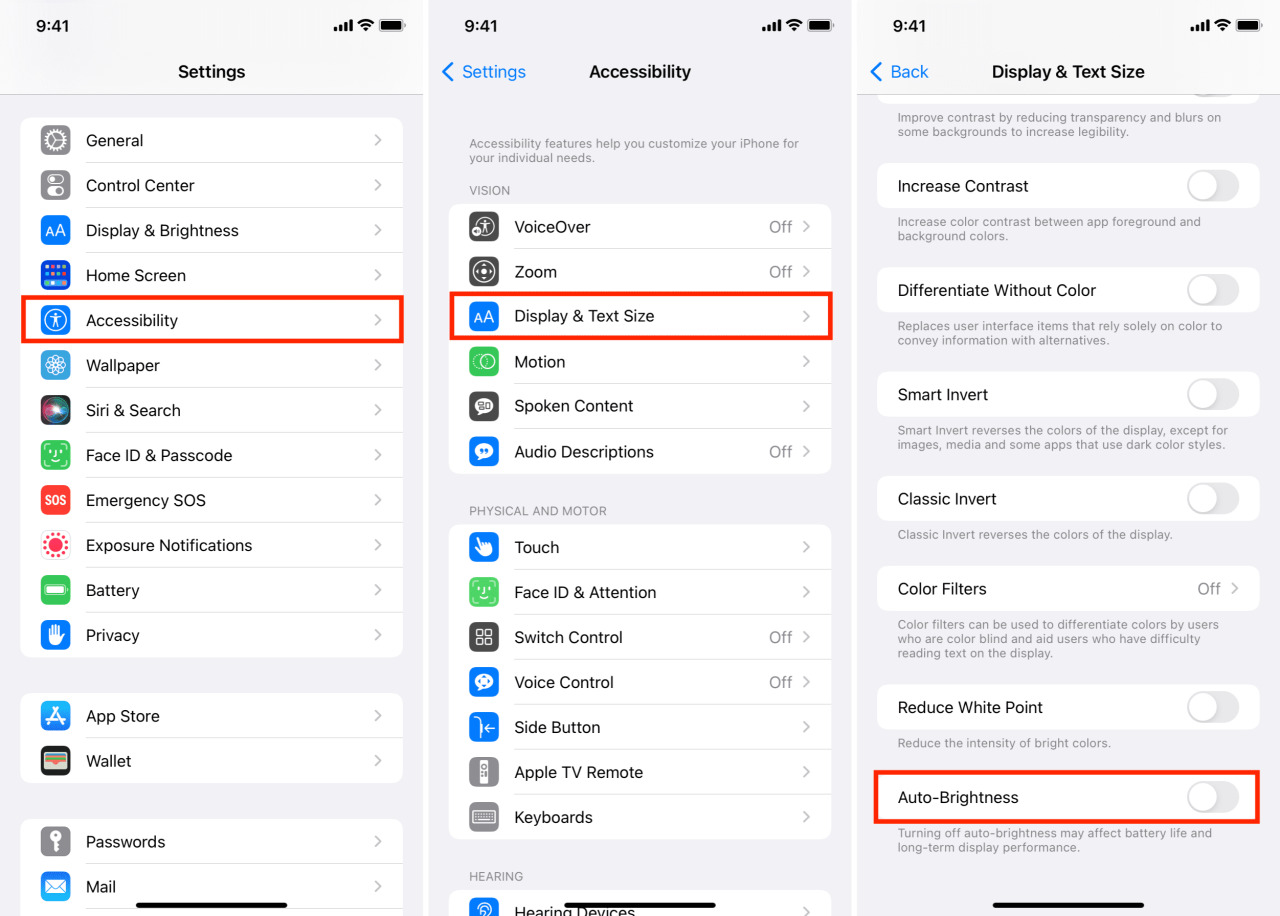 Apague el brillo automático para arreglar el brillo de la pantalla del iPhone que baja automáticamente