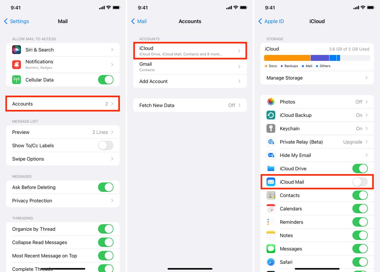 Apague iCloud Mail en la configuración de iPhone para restablecerlo