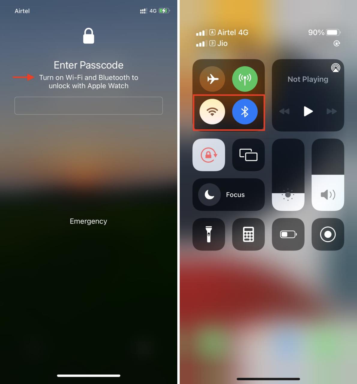 Encienda Wi-Fi y Bluetooth para desbloquear con Apple Watch