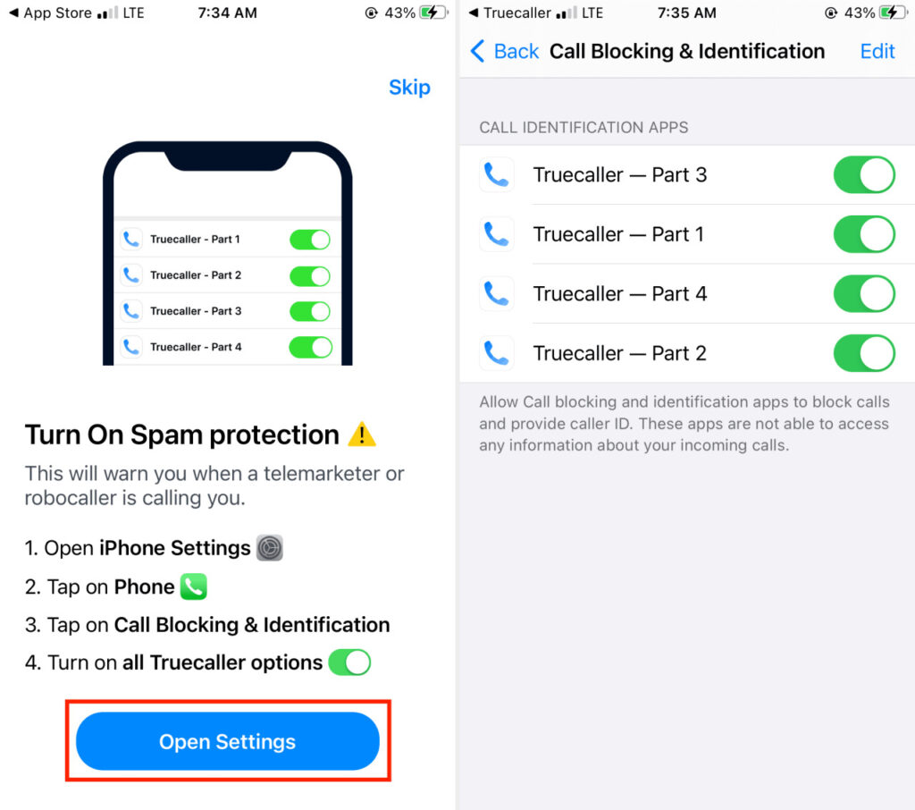 Active la protección contra correo no deseado con Truecaller en el iPhone