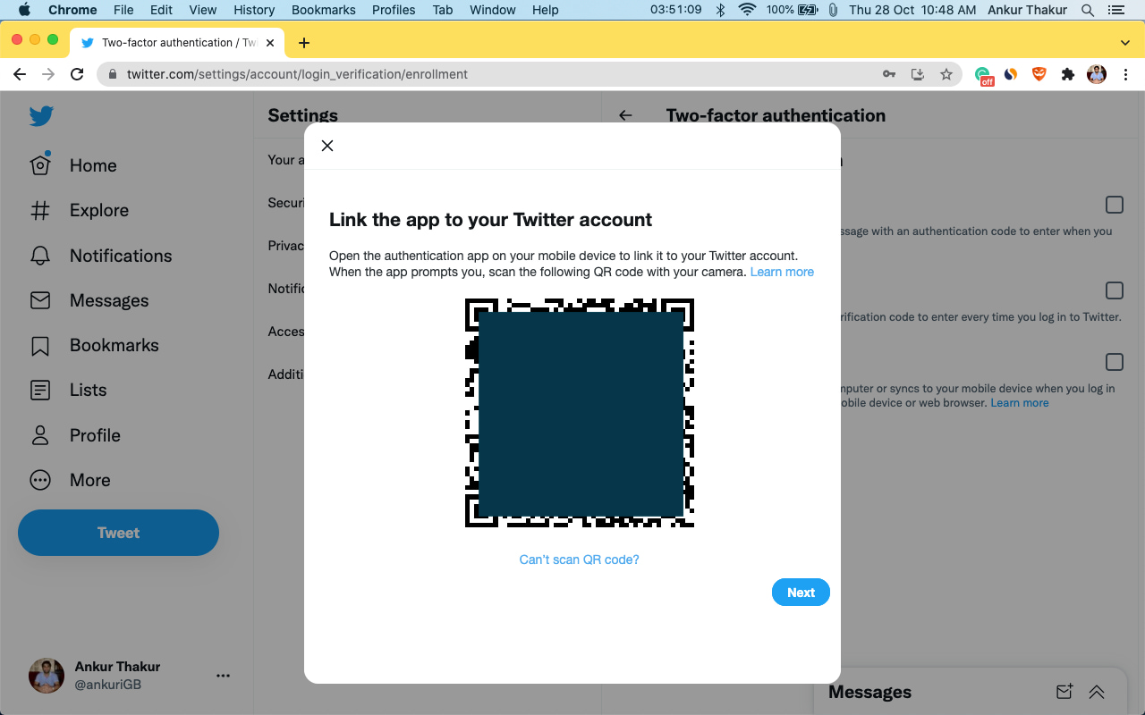 Código QR del autenticador de dos factores de Twitter en una computadora