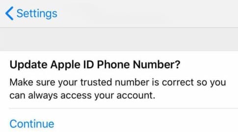 mensaje pidiéndole que actualice el número de teléfono de Apple ID