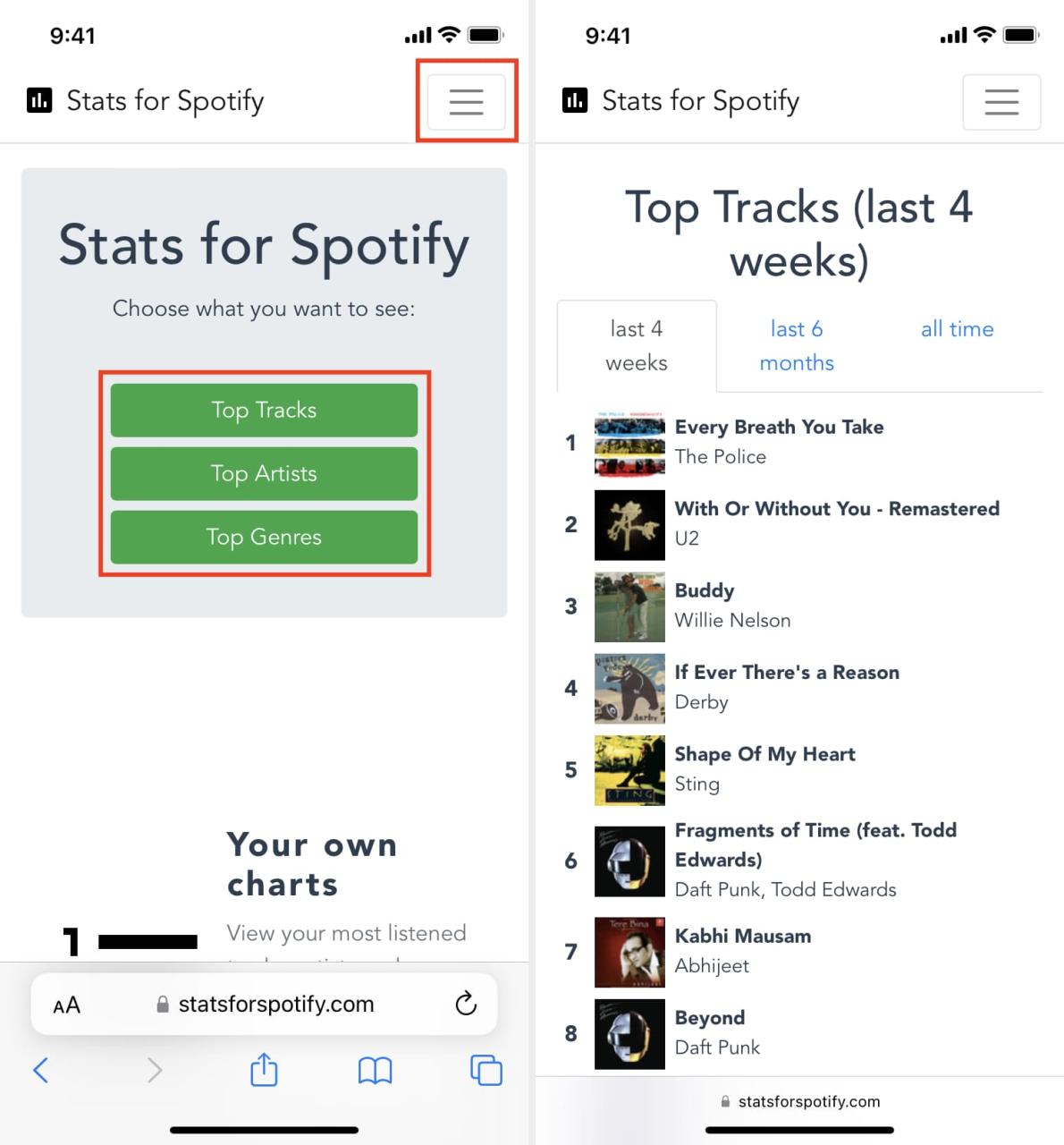 Uso de Stats for Spotify para ver tus mejores canciones del último mes, seis meses o de todos los tiempos