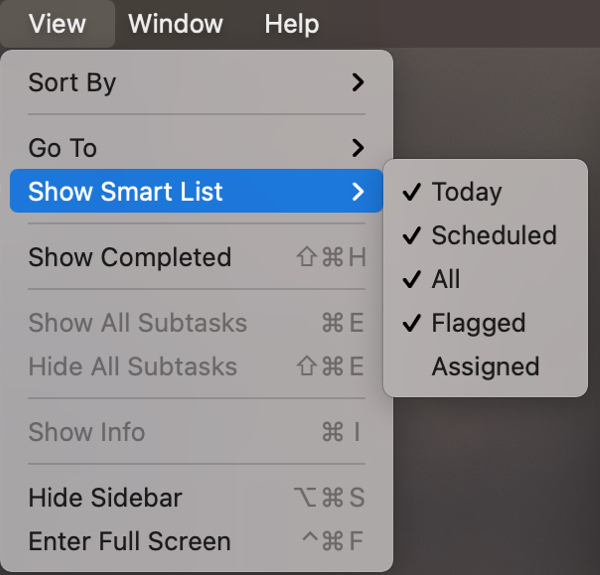 Ver Mostrar lista inteligente en recordatorios en la Mac