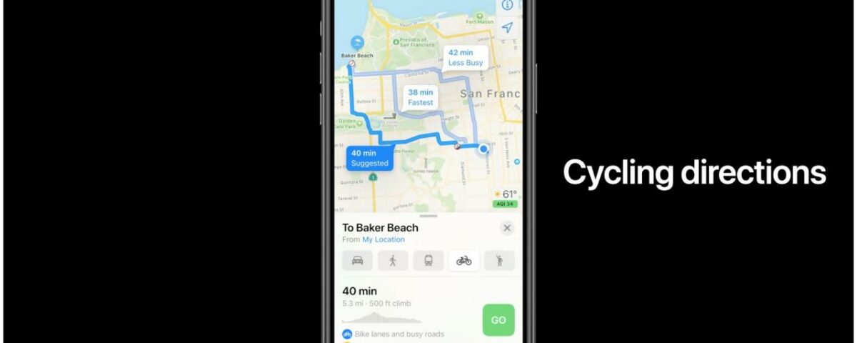 Direcciones de ciclismo de Apple Maps: diapositiva introductoria de la WWDC 2020
