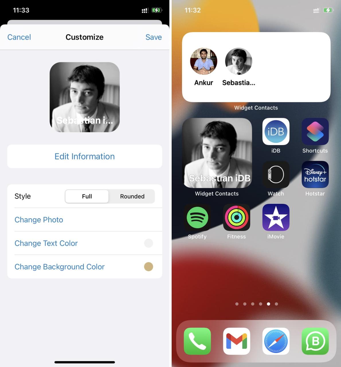 Widget Contactos en iPhone para marcación rápida