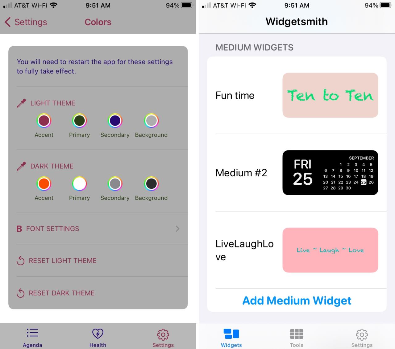 Asistente de widgets y Widgetsmith en iPhone