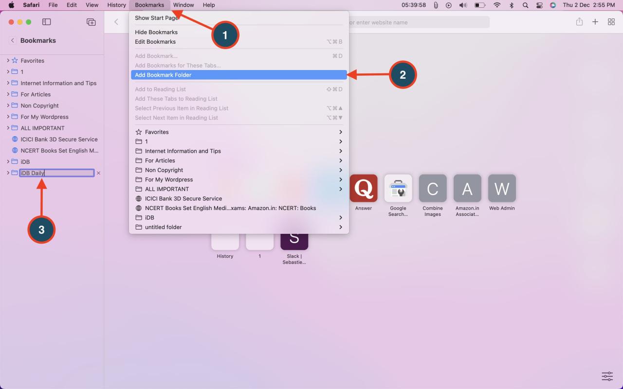 Agregar carpeta de marcadores en Safari en Mac