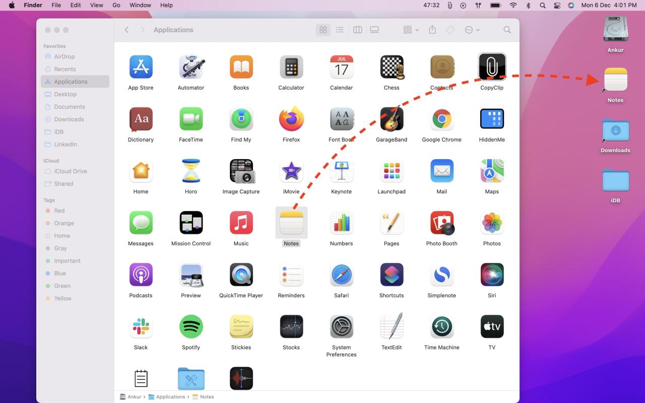 Arrastre la aplicación desde Finder al escritorio de Mac