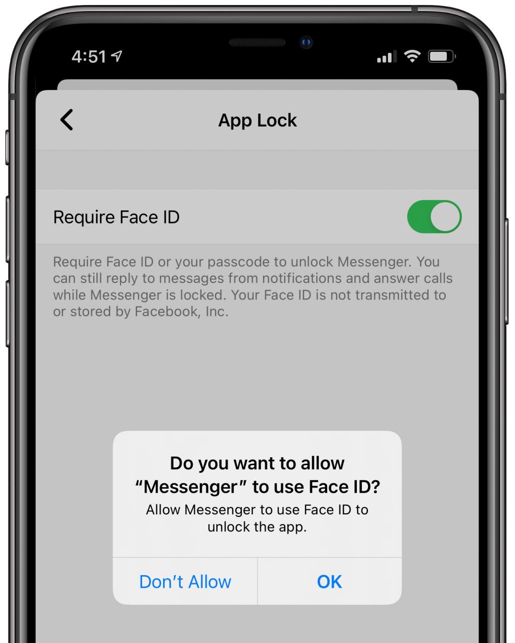 Facebook Messenger Face ID: un mensaje que le pregunta si desea habilitar la función
