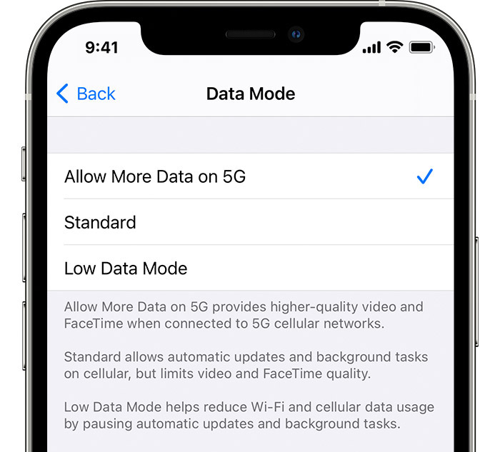 permitir más datos 5g iPhone - modo de datos móviles 5G