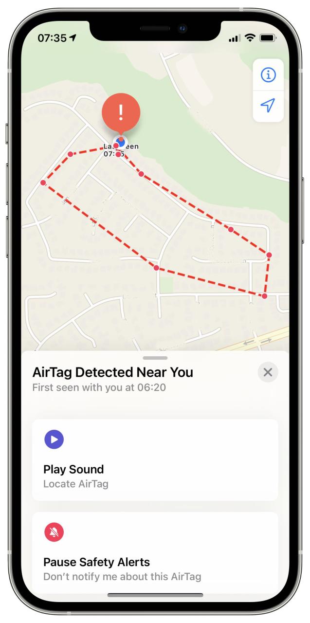 Una captura de pantalla de la aplicación Apple Find MY que muestra las opciones de seguridad cuando se detecta un AirTag desconocido