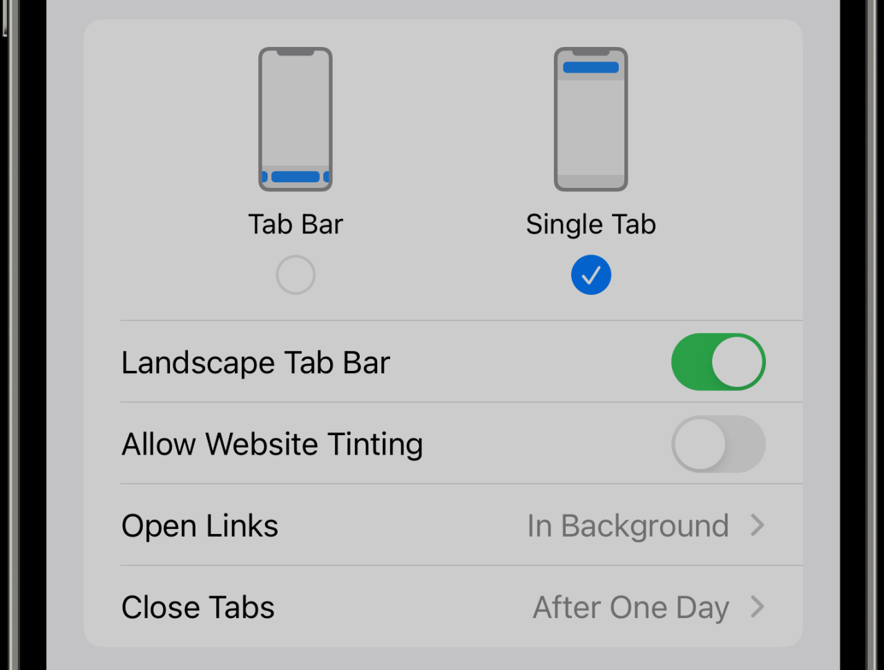Captura de pantalla de iPhone que muestra "Teñido del sitio web" desactivado en la configuración de iOS 17 Safari