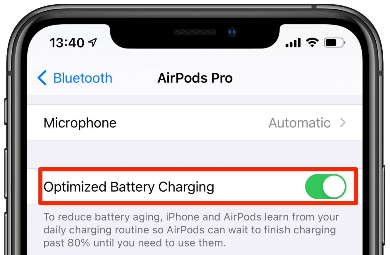 Carga de batería Optimizedc AirPods Pro - Captura de pantalla de iPhone