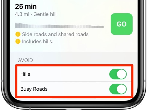 Indicaciones para ciclistas de Apple Maps: la opción para evitar colinas y carreteras transitadas está resaltada en rojo