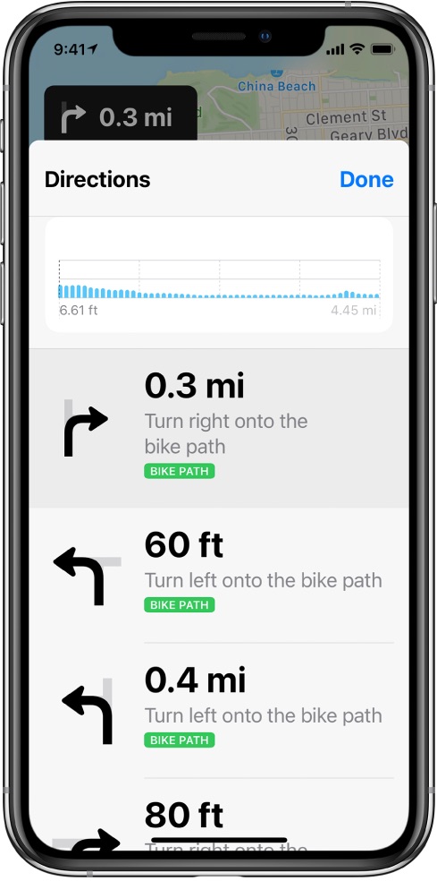 Indicaciones para ciclistas de Apple Maps: indicaciones en vista de lista