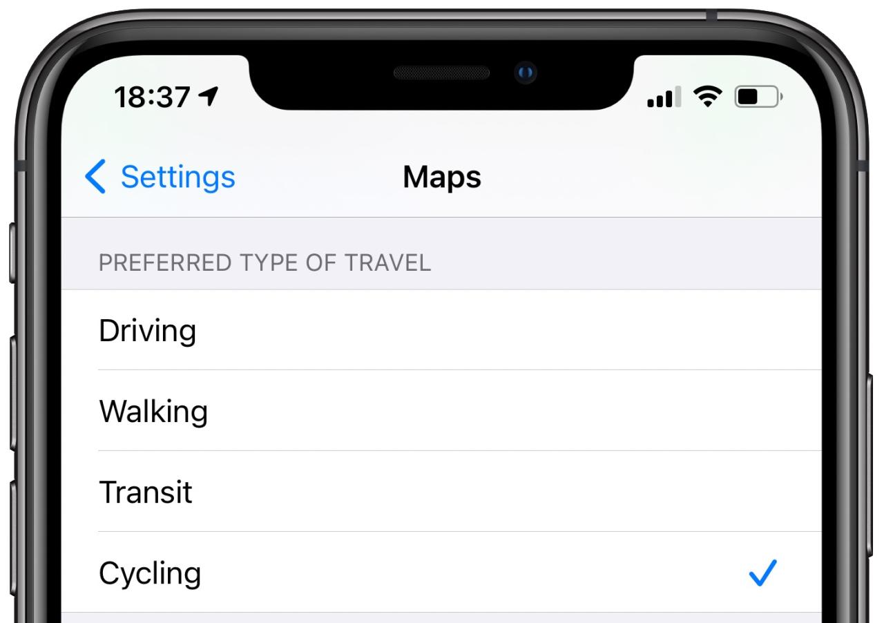 Indicaciones para ciclistas de Apple Maps: elegir el tipo de transporte preferido
