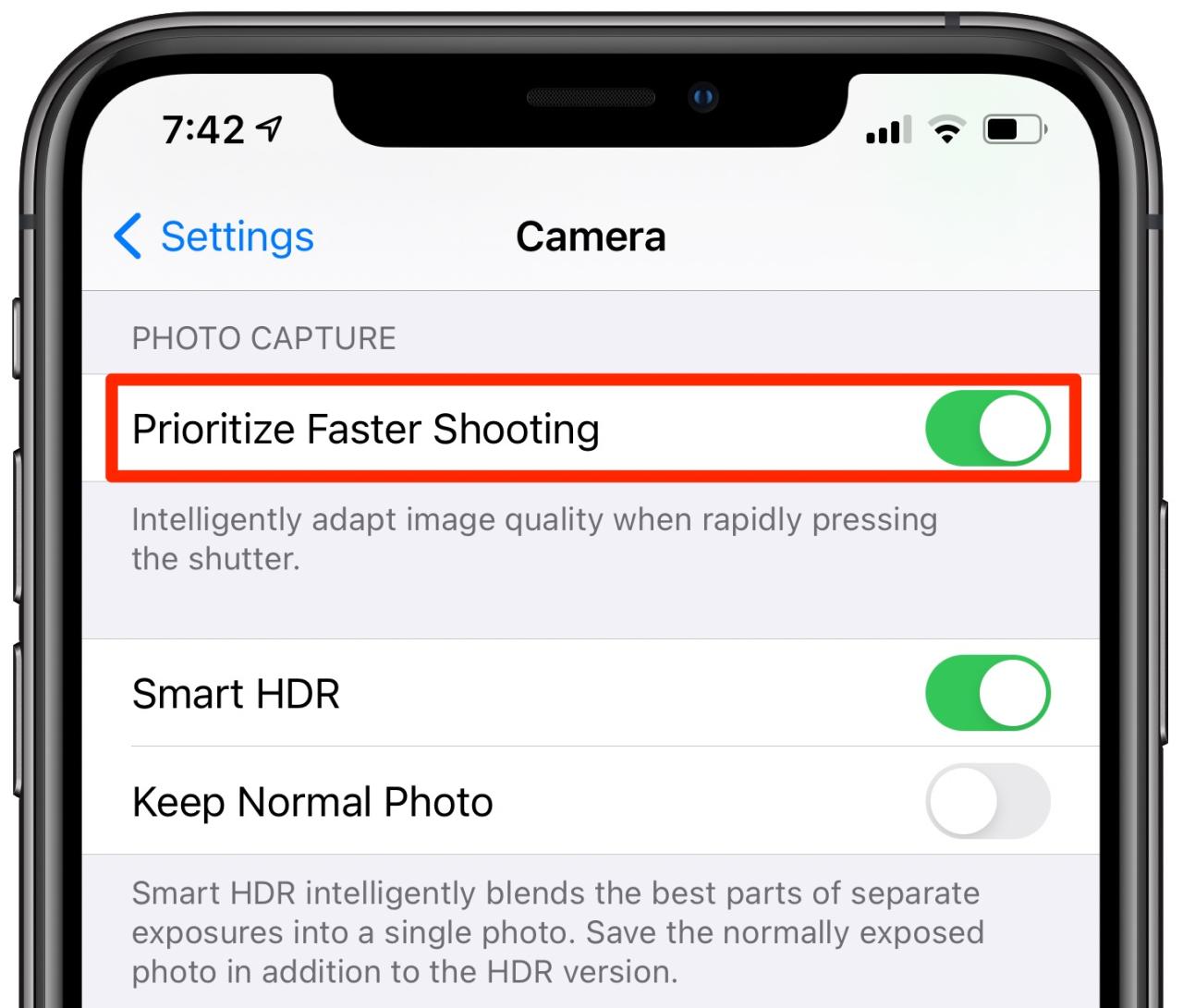 Cámara del iPhone: la opción Priorizar disparos más rápidos habilitada en Configuración