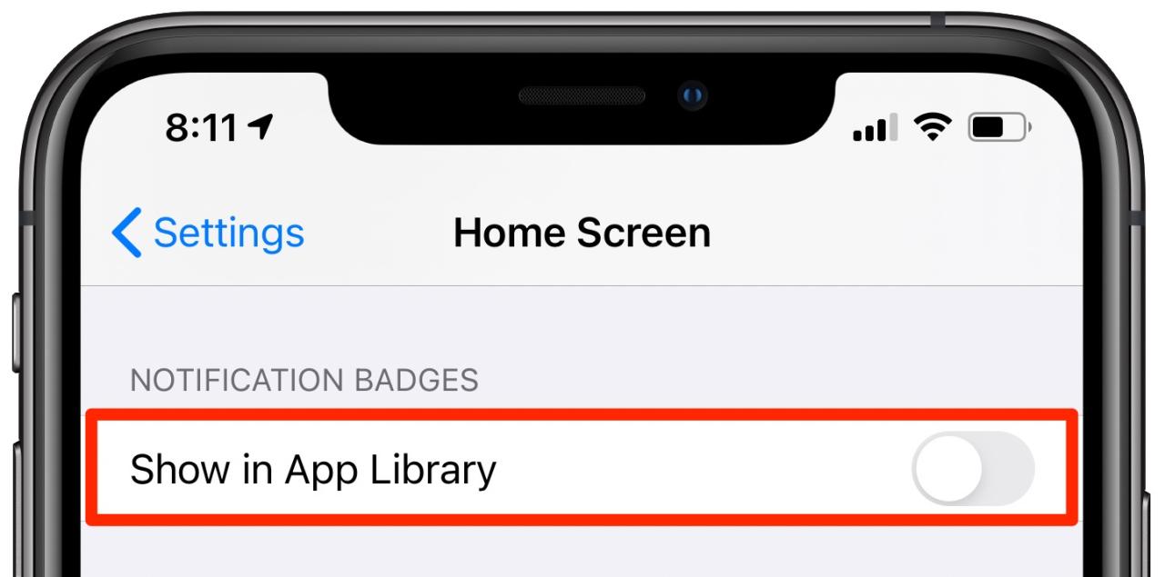 Ocultar insignias de notificación Biblioteca de aplicaciones: la opción "Mostrar en la biblioteca de aplicaciones" está deshabilitada en la configuración de la pantalla de inicio
