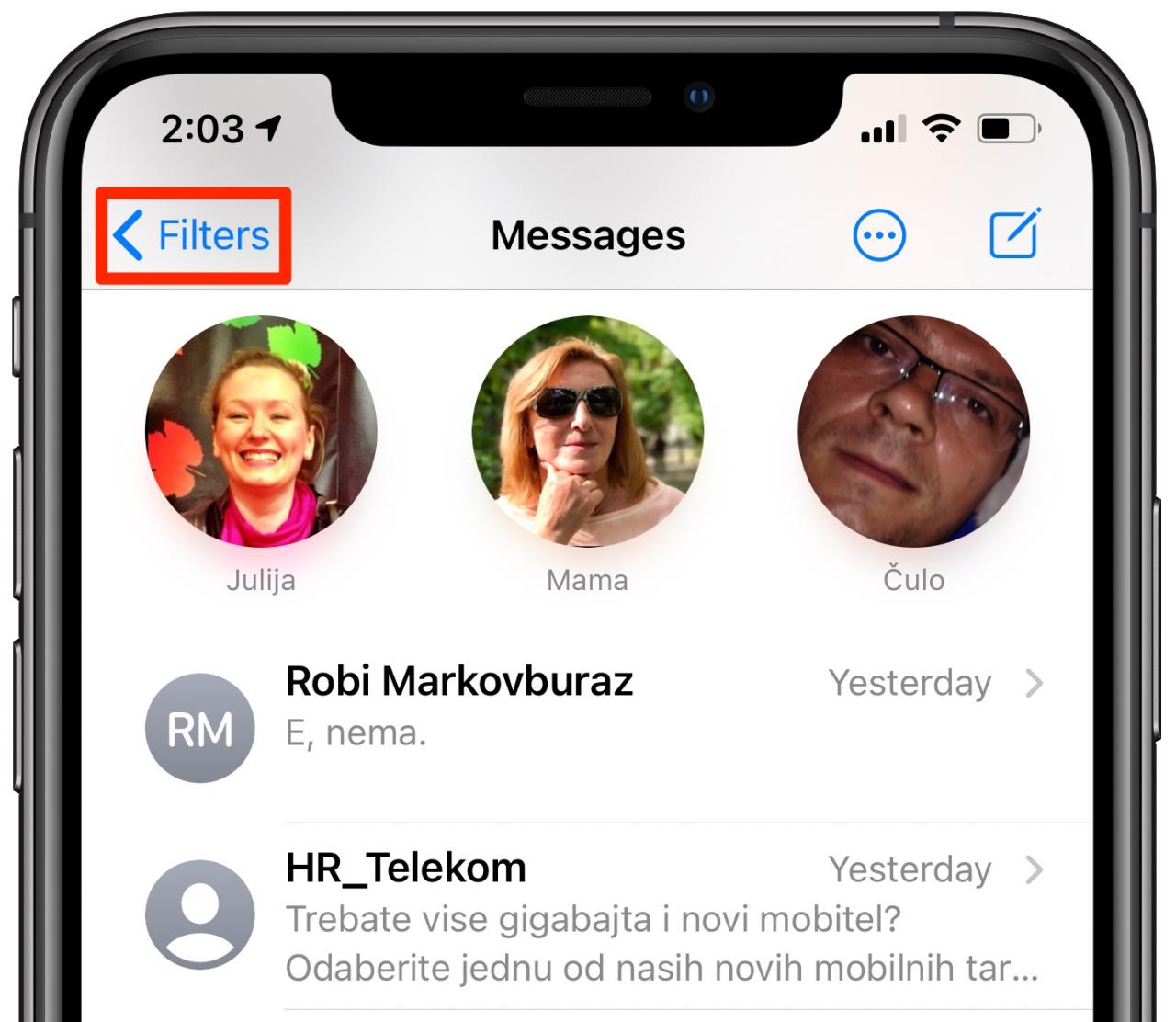 Filtrado de mensajes de iOS 17: el botón Filtros