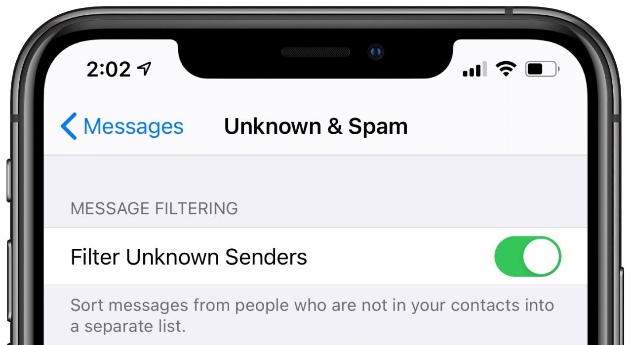 Filtrado de mensajes de iOS 17: filtro de remitentes desconocidos habilitado en Configuración ? Mensajes