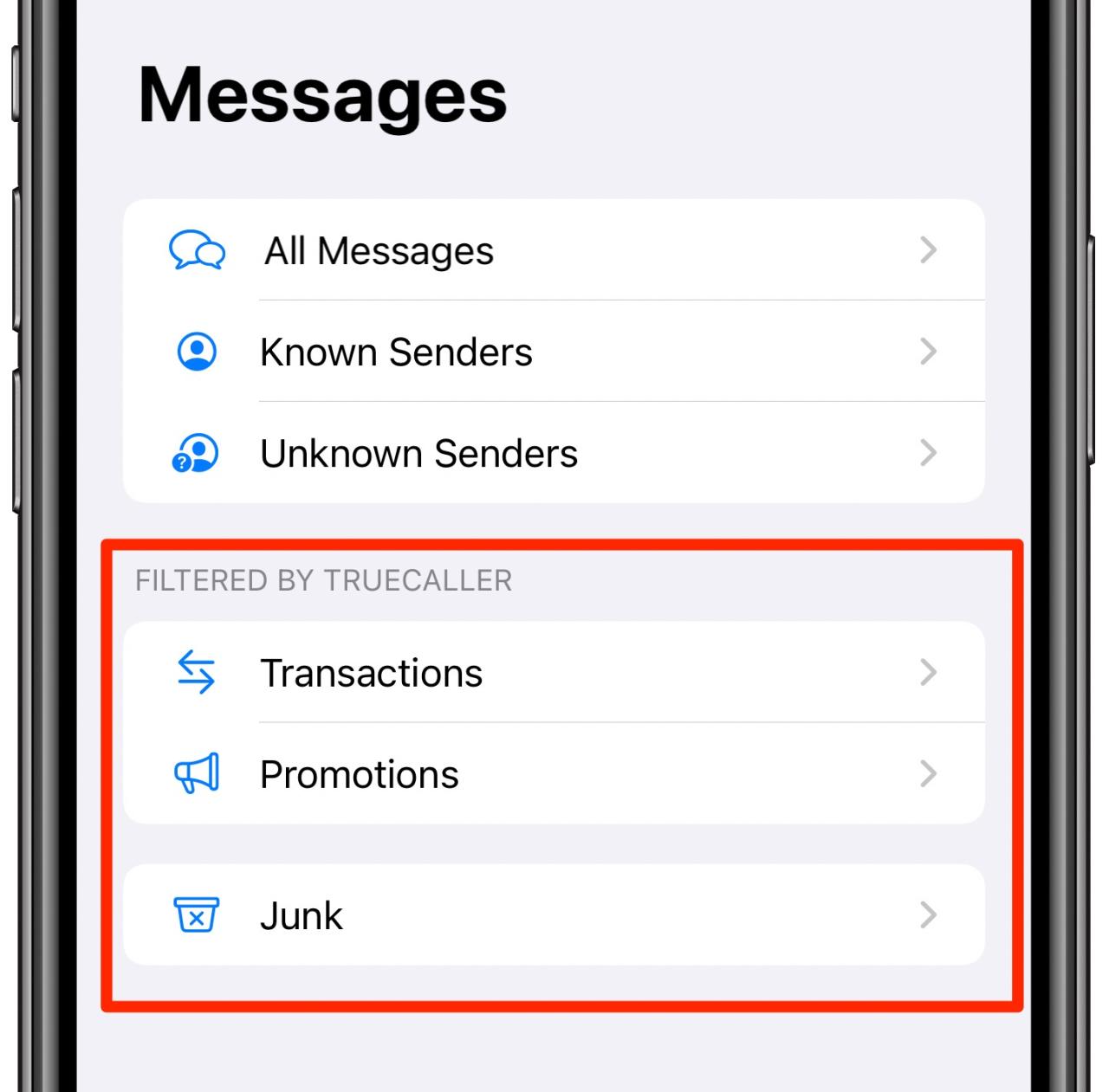 La sección de filtrado de SMS en Mensajes