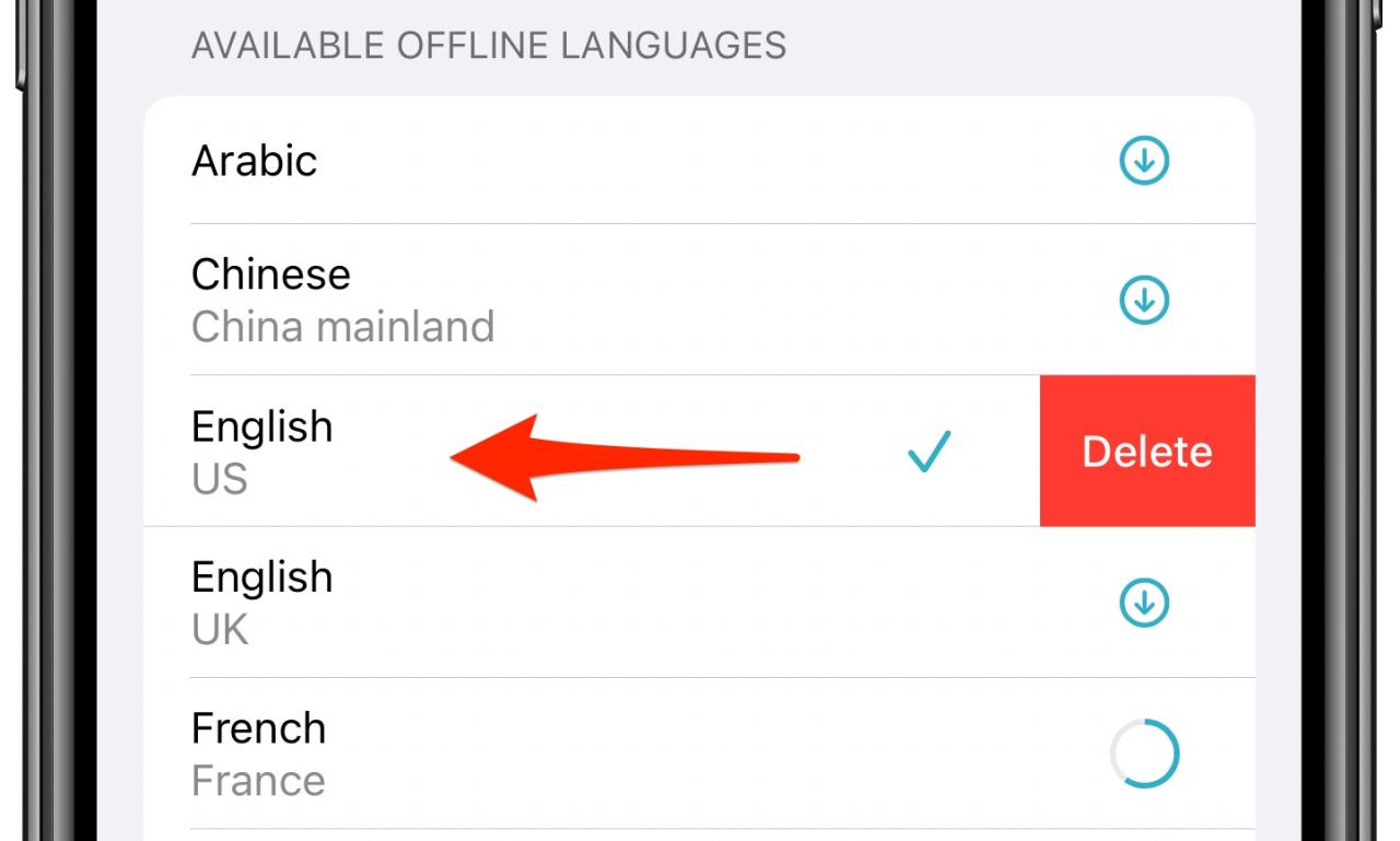 Eliminar los idiomas descargados Aplicación Apple Translate: captura de pantalla de iPhone