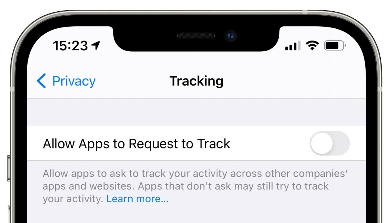 iPhone Permitir que las aplicaciones soliciten rastrear atenuado
