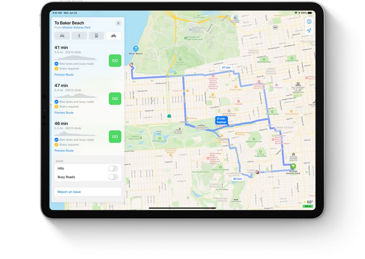 Direcciones de ciclismo de Apple Maps: captura de pantalla del iPad