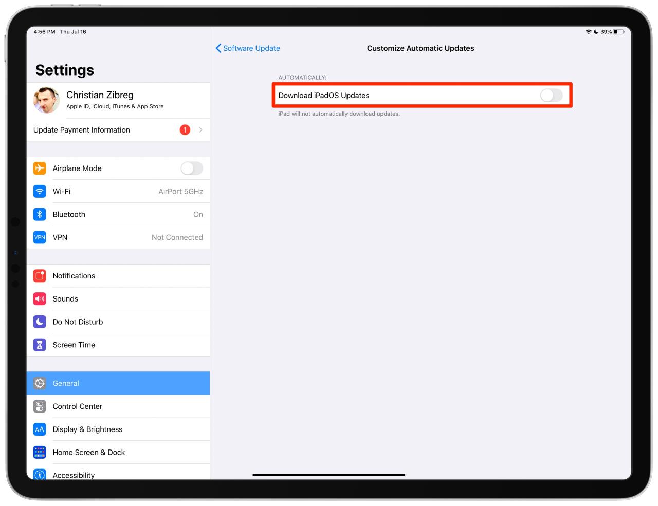 Descargas automáticas de iOS: la opción "Descargar actualizaciones de iOS" se ha desactivado