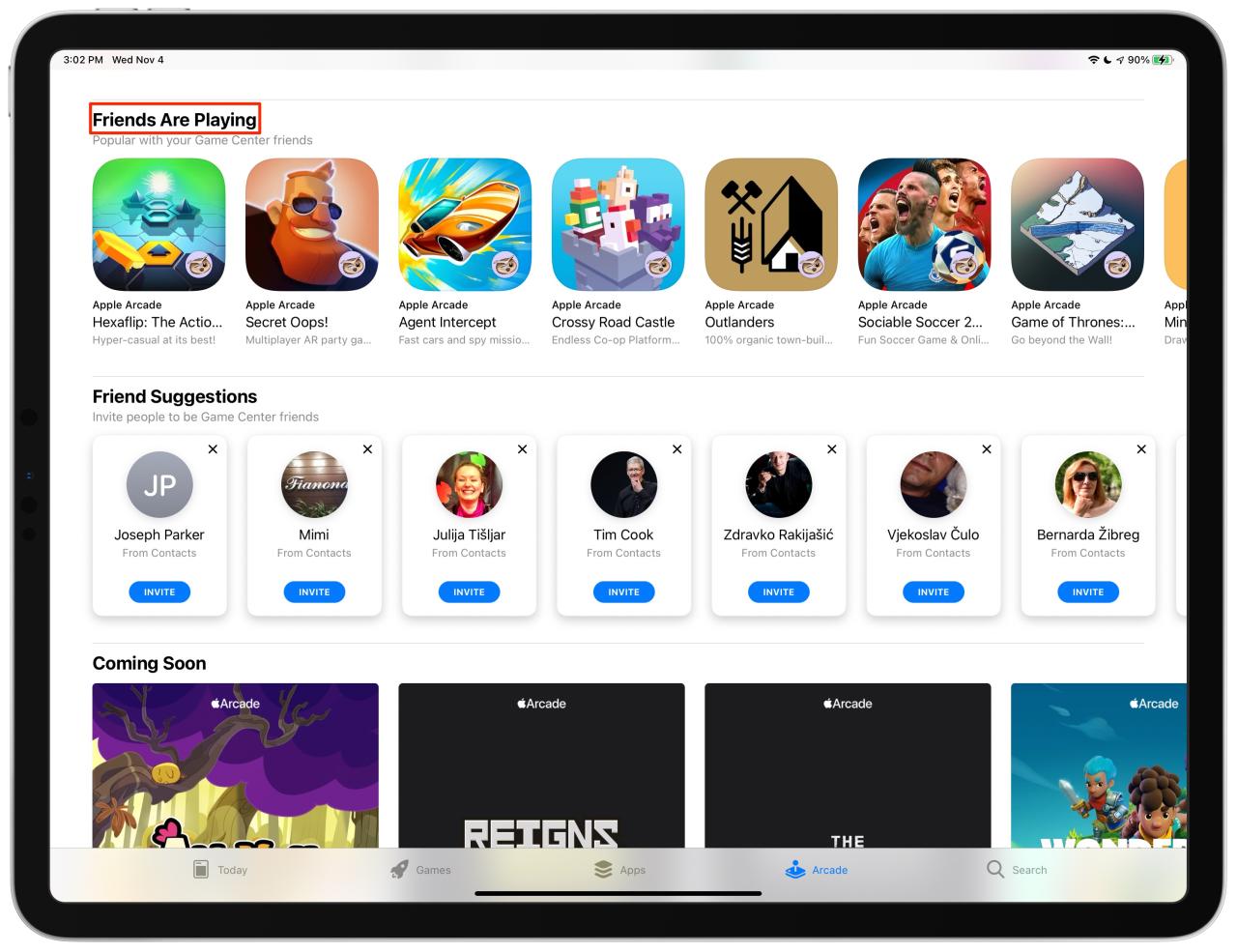 Sección Los amigos de Apple Arcade están jugando: captura de pantalla del iPad