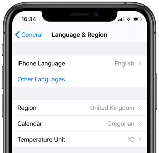 Configuración de idioma y región de iPhone con idioma inglés