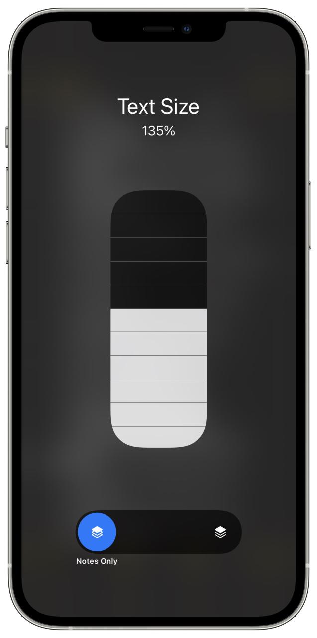 Una captura de pantalla que muestra cómo cambiar el tamaño del texto del iPhone para cada aplicación por separado con el elemento Tamaño del texto en el Centro de control en iOS 17