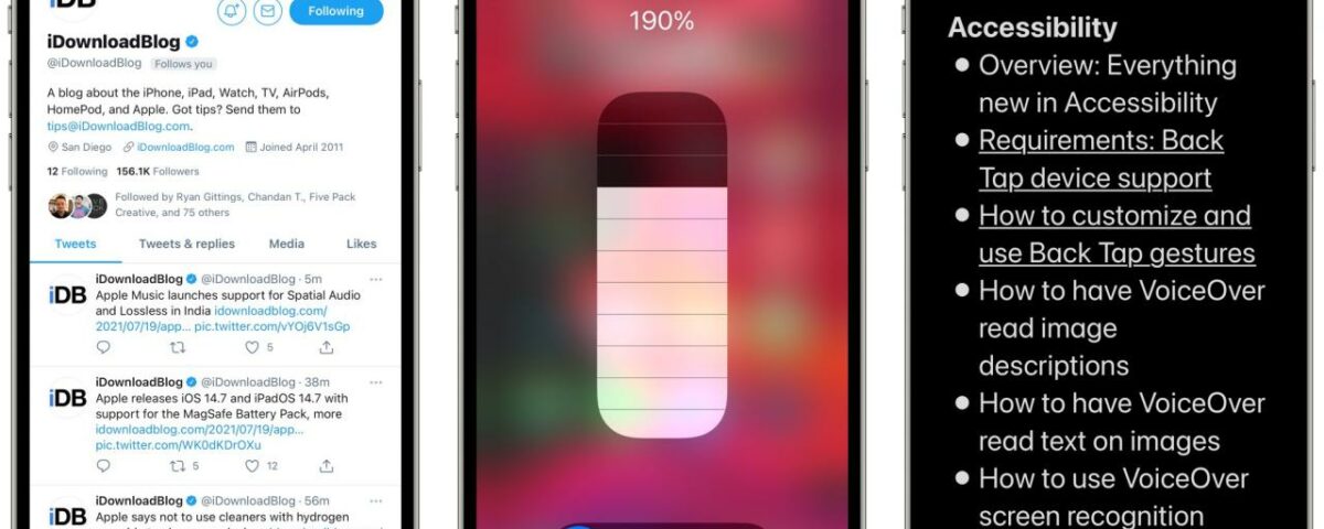Tres capturas de pantalla que muestran cómo cambia el tamaño del texto del iPhone, de izquierda a derecha: Twitter, el control deslizante Tamaño del texto en el Centro de control y Notas de Apple