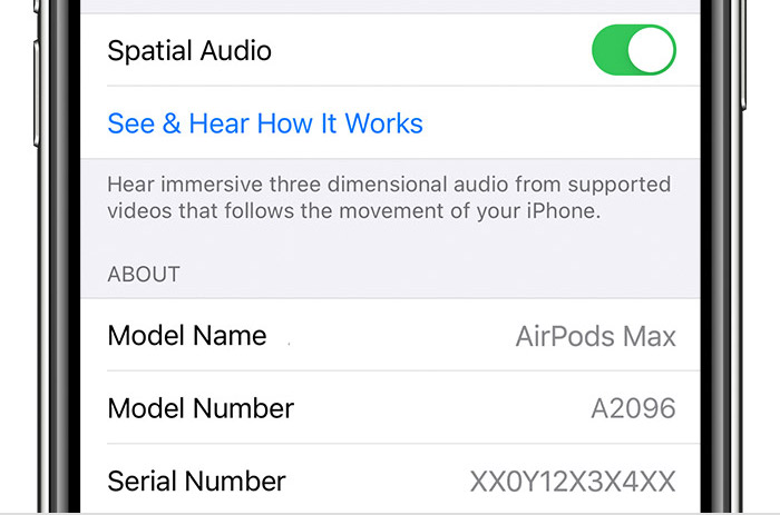 Número de serie y número de modelo de AirPods Max en la configuración de Bluetooth