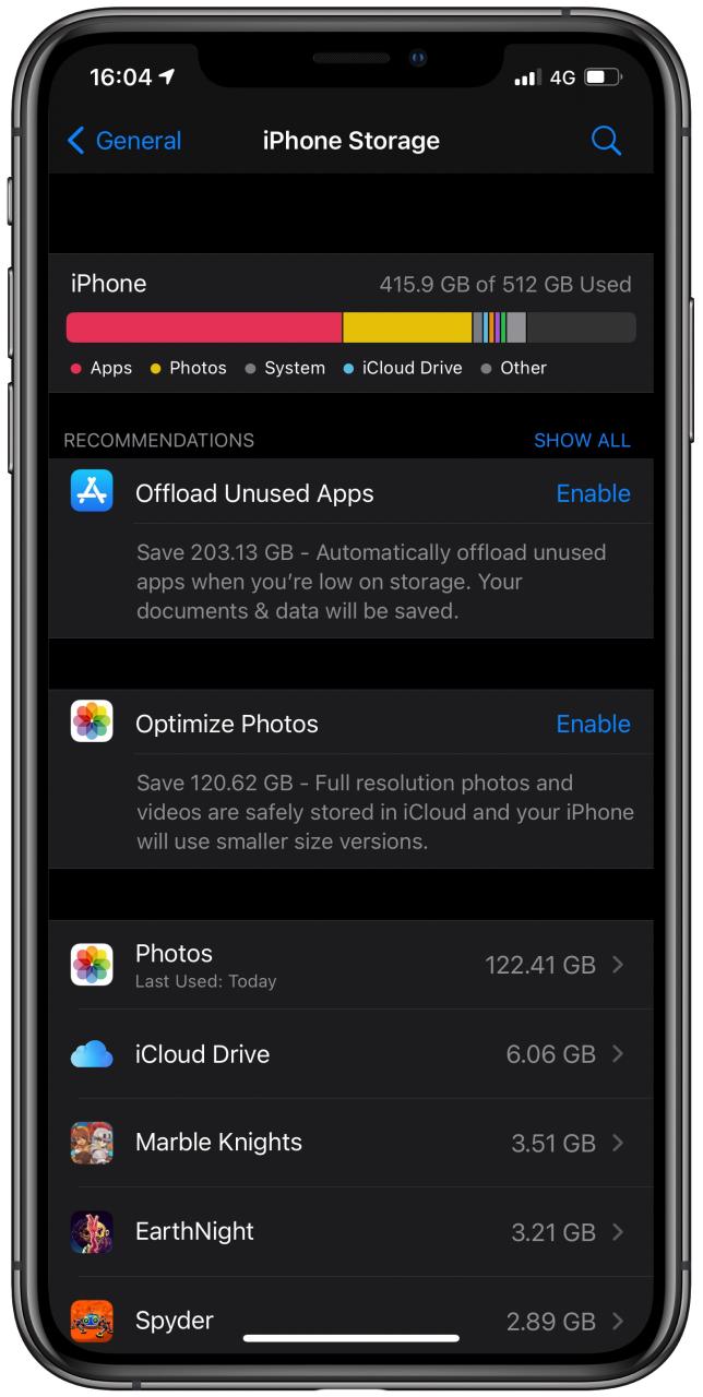 Captura de pantalla de la sección de almacenamiento del iPhone