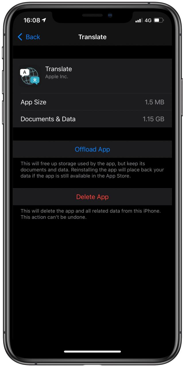 Sección de almacenamiento de iPhone - Traducir detalles de la aplicación