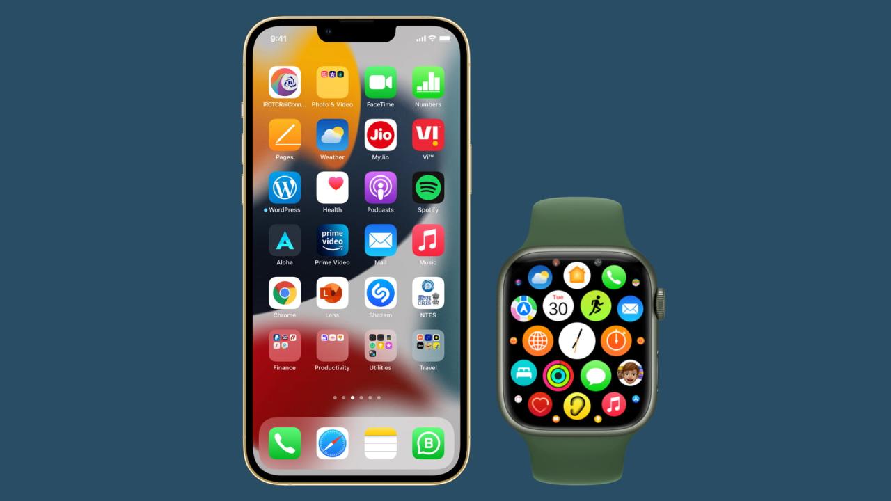 iPhone y Apple Watch con varias aplicaciones en la pantalla de inicio