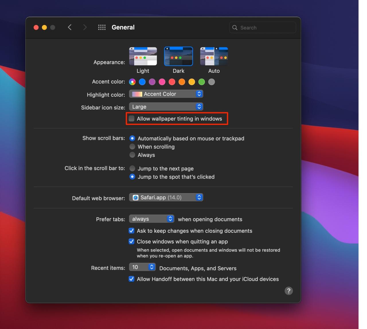 Modo oscuro Mac - "Permitir tintado de papel tapiz en Windows" deshabilitado en Preferencias del sistema