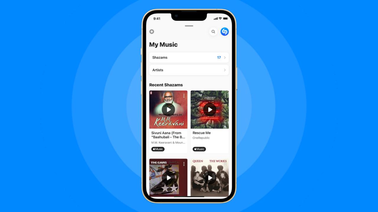 Historial de canciones Shazamed en iPhone con fondo azul