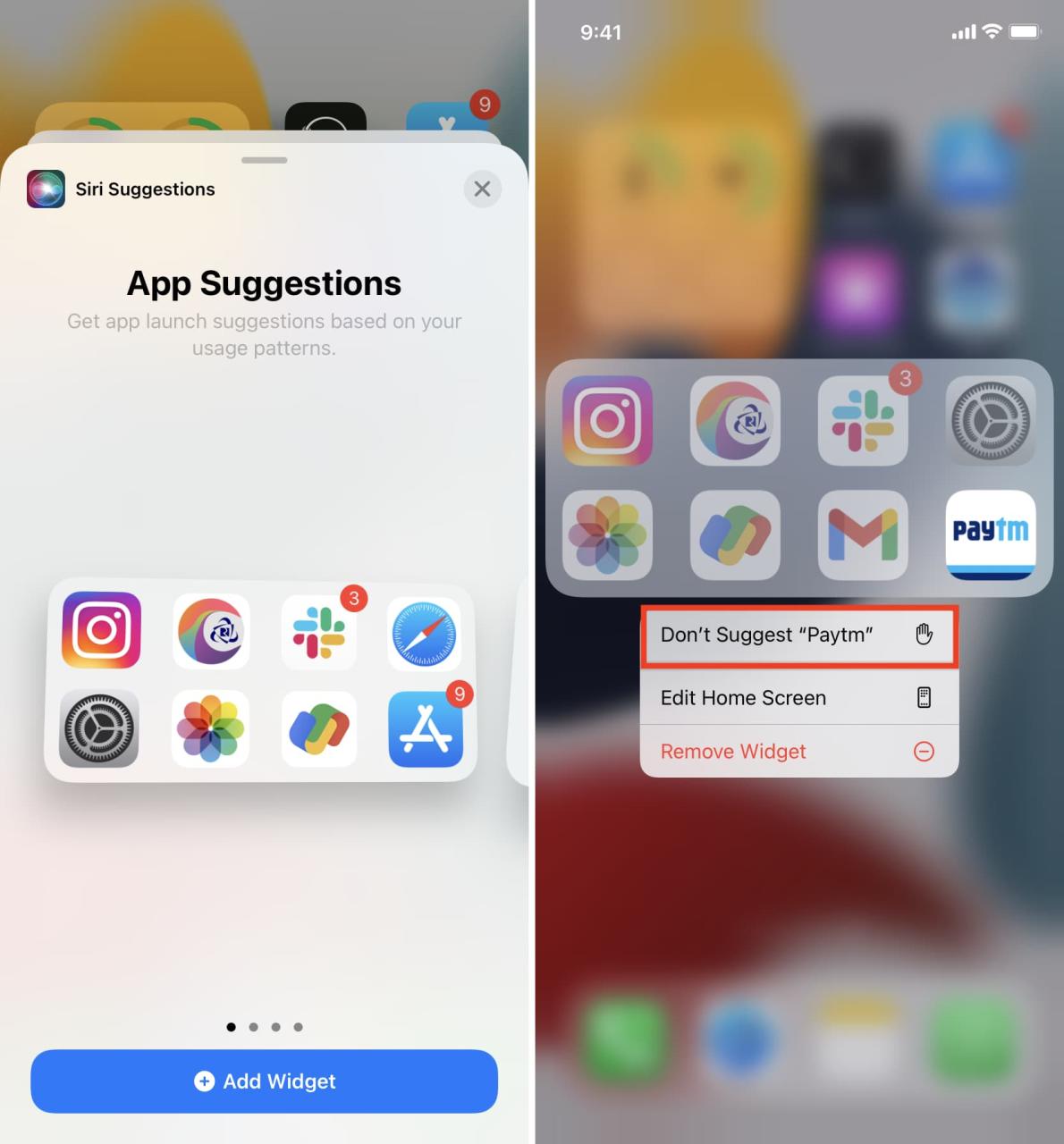 Ocultar aplicación del widget de sugerencias de la aplicación Siri iPhone