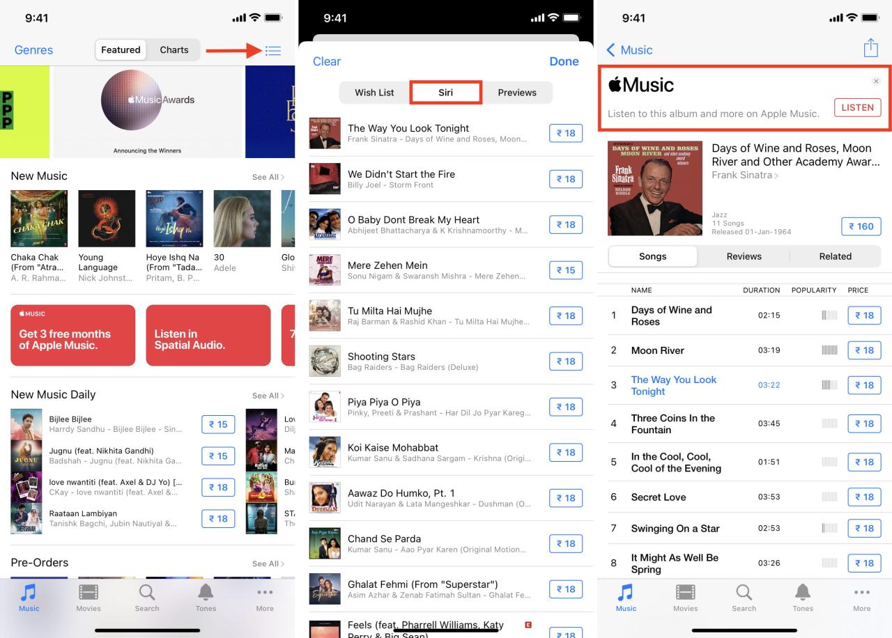Historial de canciones de Siri Shazam en la aplicación iPhone iTunes Store