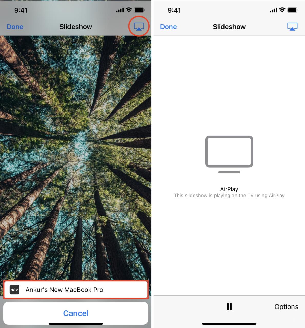 Presentación de diapositivas de fotos y videos de AirPlay a otro dispositivo desde su iPhone