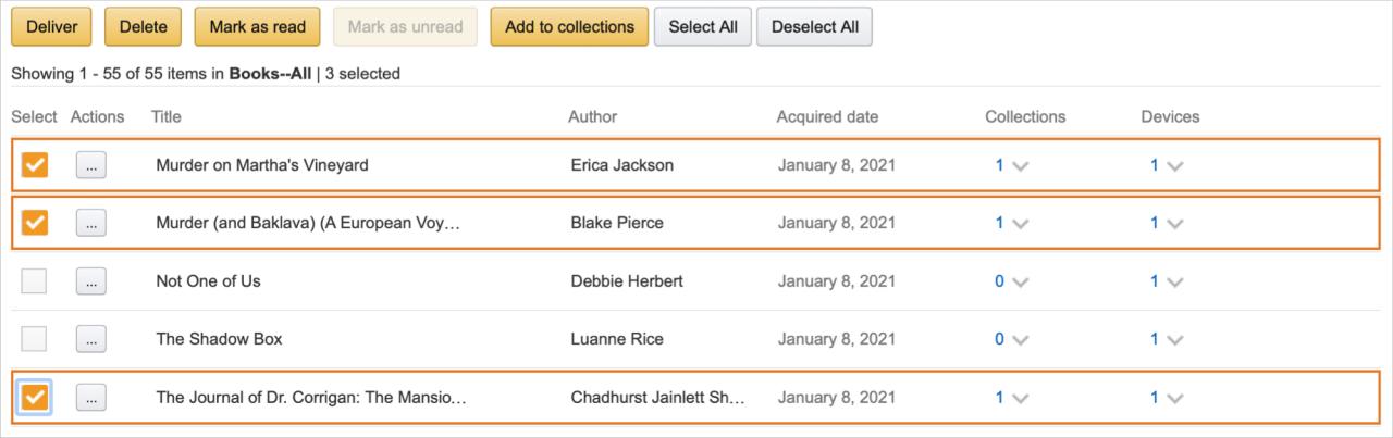 Acciones masivas de Amazon para contenido de Kindle