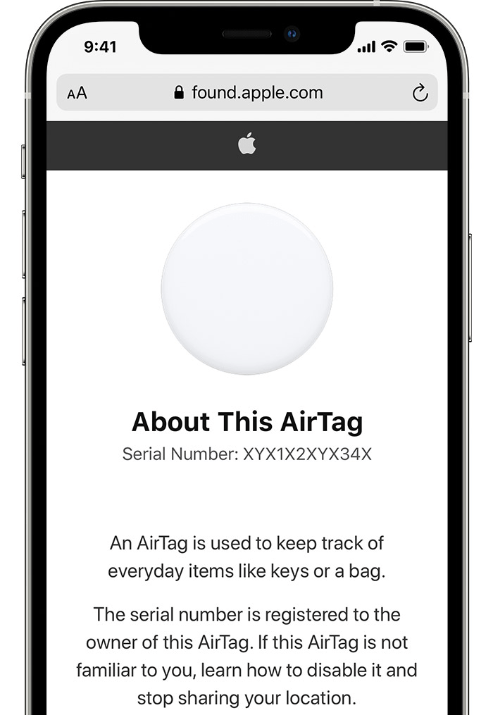 Tutorial del número de serie de AirTag: una imagen que muestra un iPhone 12 Pro con el sitio web Found de Apple abierto en Safari y mostrando el número de serie de un AirTag desconocido