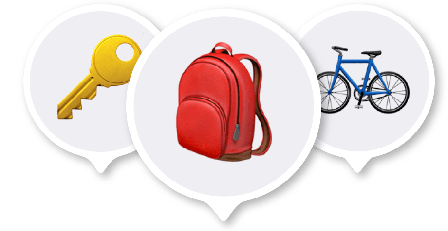 Una imagen ilustrativa de la pestaña Elementos dentro de Apple Find My que muestra llaves, una bolsa y una bicicleta