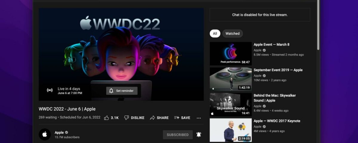 El canal oficial de YouTube de Apple se muestra en esta captura de pantalla de Safari para Mac, con un destacado botón "Establecer recordatorio" en la parte superior de la imagen de marcador de posición de la transmisión en vivo de la WWDC 2022