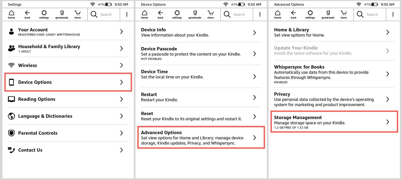 Opciones de dispositivo Gestión avanzada de almacenamiento Kindle Paperwhite