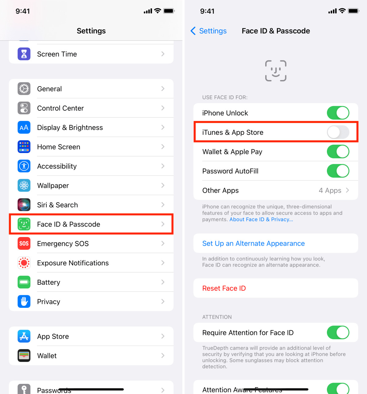 Deshabilite la configuración de Face ID de iTunes y App Store en iPhone