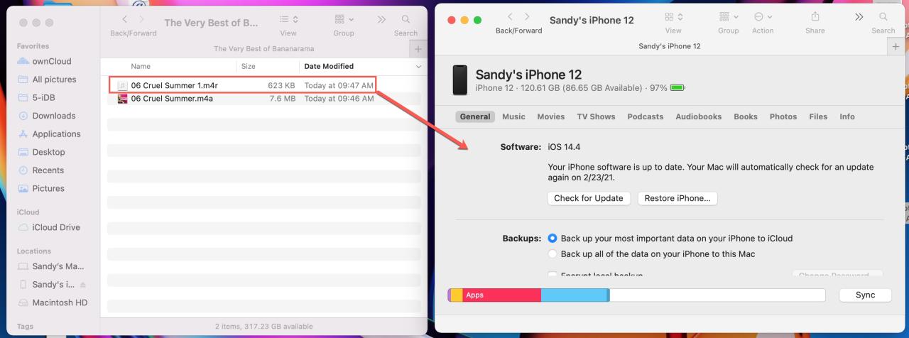 Arrastre el clip de tono de llamada a iPhone en Mac